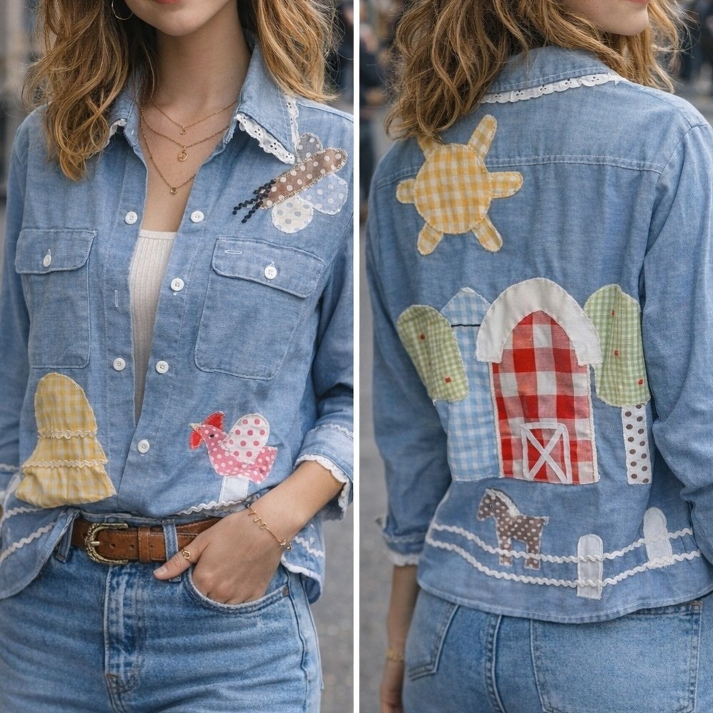 Vintage Neiman Marcus Blue Chambray Farm Applique Lace Trim Button Down Shirt